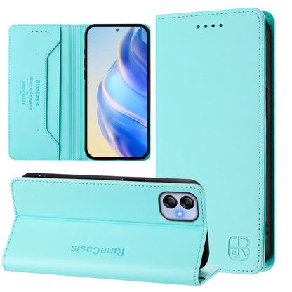 Samsung Galaxy F04 Dual-Folded Magnetic Suction RFID Blocking PU Leather Wallet Phone Case with Card Slots, Cash Pocket, Kickstand, Full Protective Flip Cover