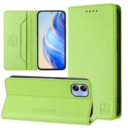 Samsung Galaxy F04 Dual-Folded Magnetic Suction RFID Blocking PU Leather Wallet Phone Case with Card Slots, Cash Pocket, Kickstand, Full Protective Flip Cover