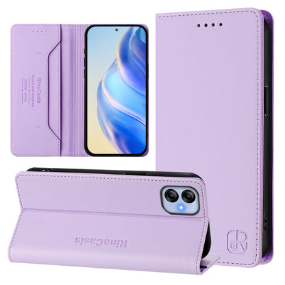 Samsung Galaxy A04e 4G Dual-Folded Magnetic Suction RFID Blocking PU Leather Wallet Phone Case with Card Slots, Cash Pocket, Kickstand, Full Protective Flip Cover