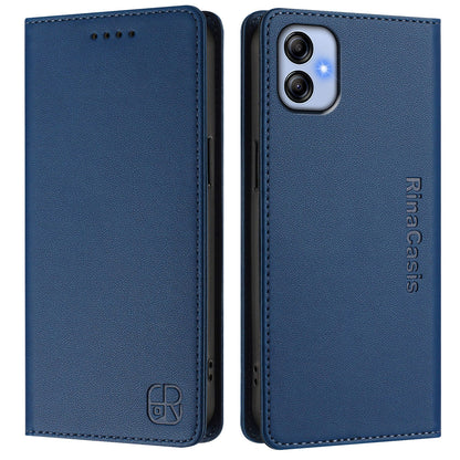 Samsung Galaxy F04 Dual-Folded Magnetic Suction RFID Blocking PU Leather Wallet Phone Case with Card Slots, Cash Pocket, Kickstand, Full Protective Flip Cover