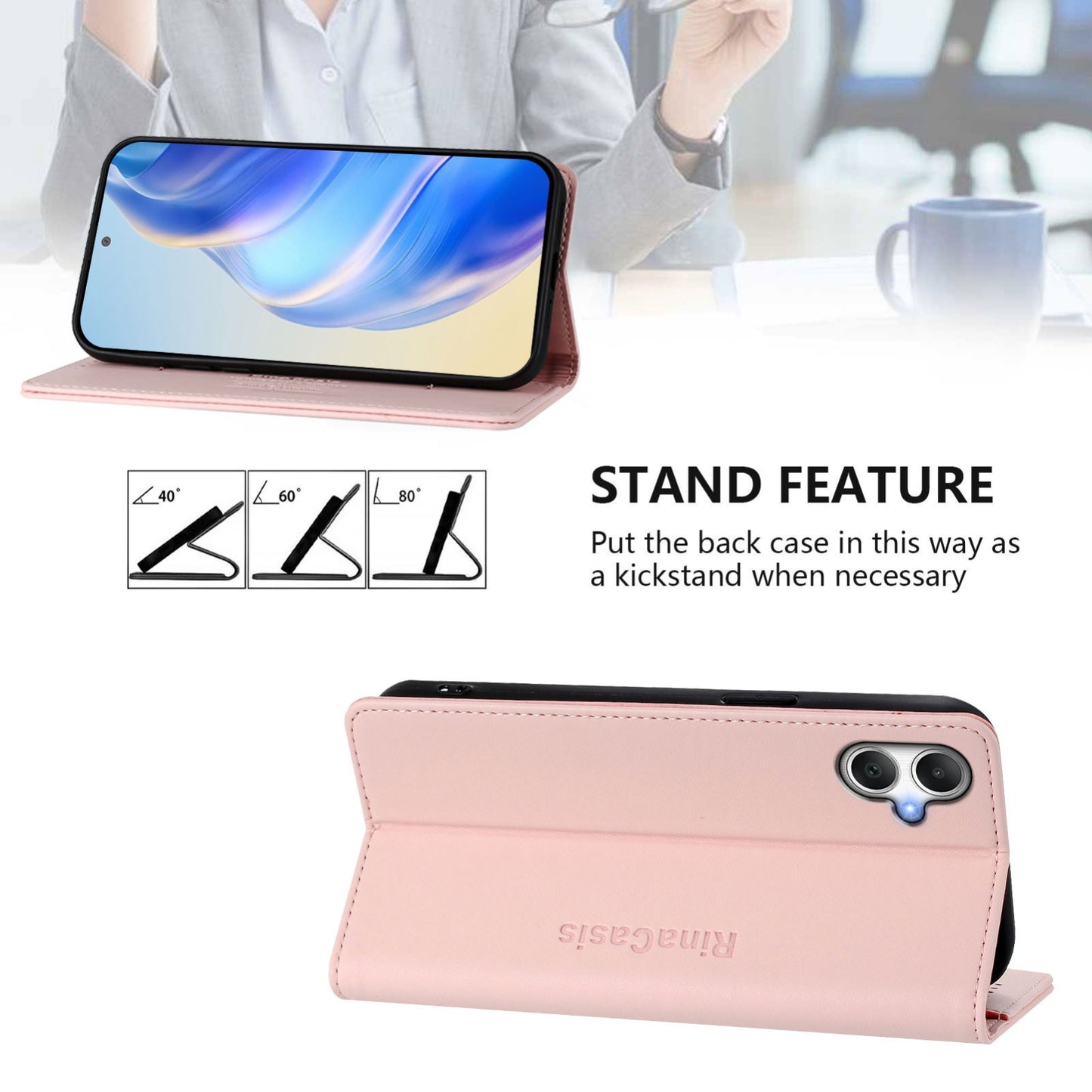 Samsung Galaxy A06 5G Dual-Folded Magnetic Suction RFID Blocking PU Leather Wallet Phone Case with Card Slots, Cash Pocket, Kickstand, Full Protective Flip Cover