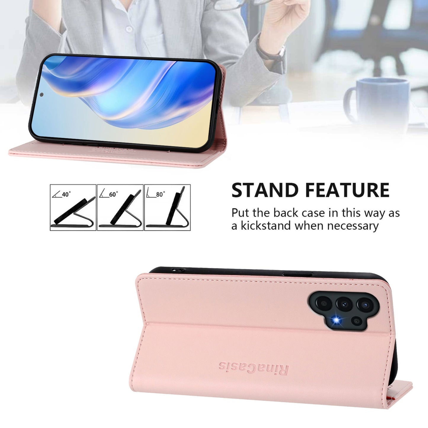 Samsung Galaxy A13 5G Dual-Folded Magnetic Suction RFID Blocking PU Leather Wallet Phone Case with Card Slots, Cash Pocket, Kickstand, Full Protective Flip Cover