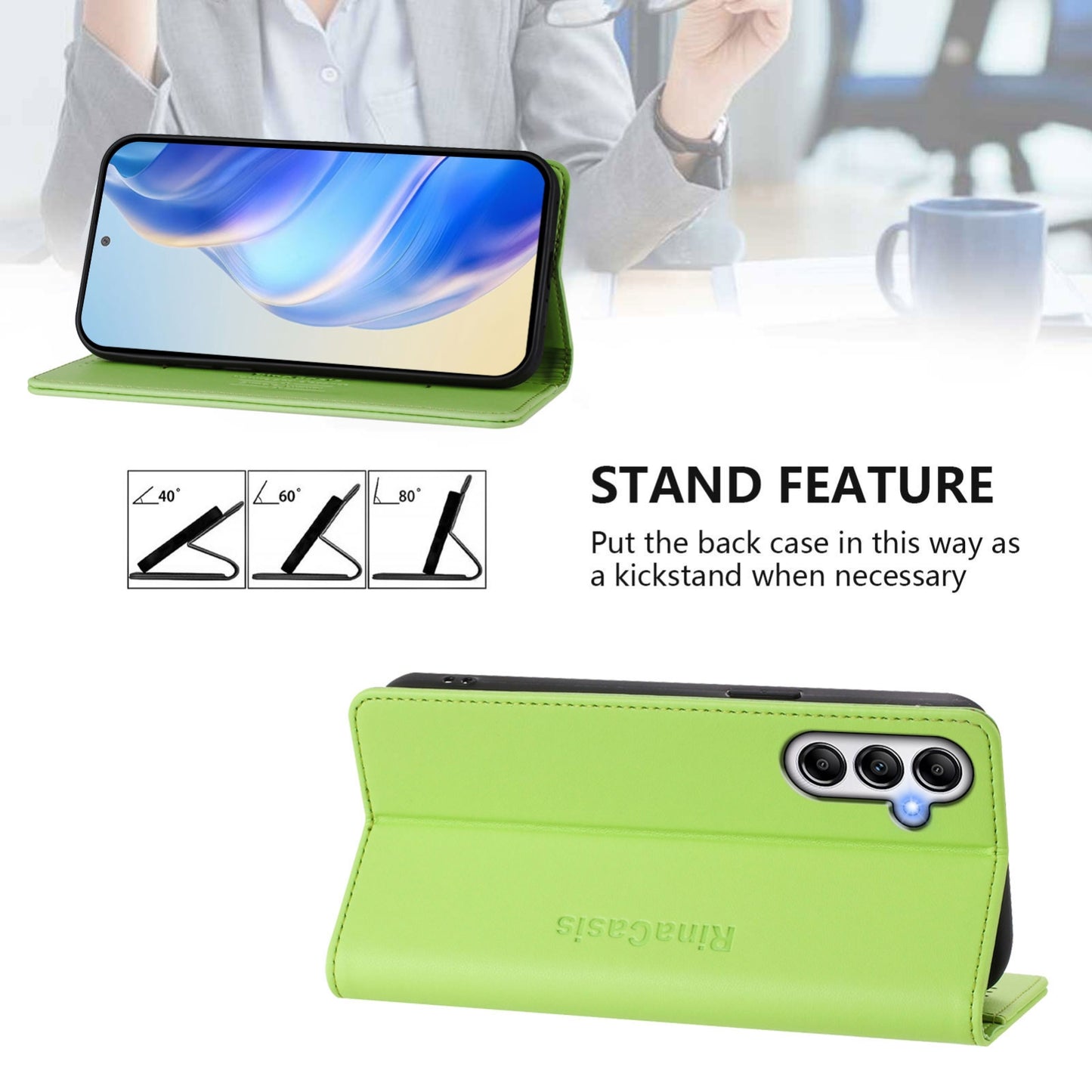 Samsung Galaxy A14 5G Dual-Folded Magnetic Suction RFID Blocking PU Leather Wallet Phone Case with Card Slots, Cash Pocket, Kickstand, Full Protective Flip Cover
