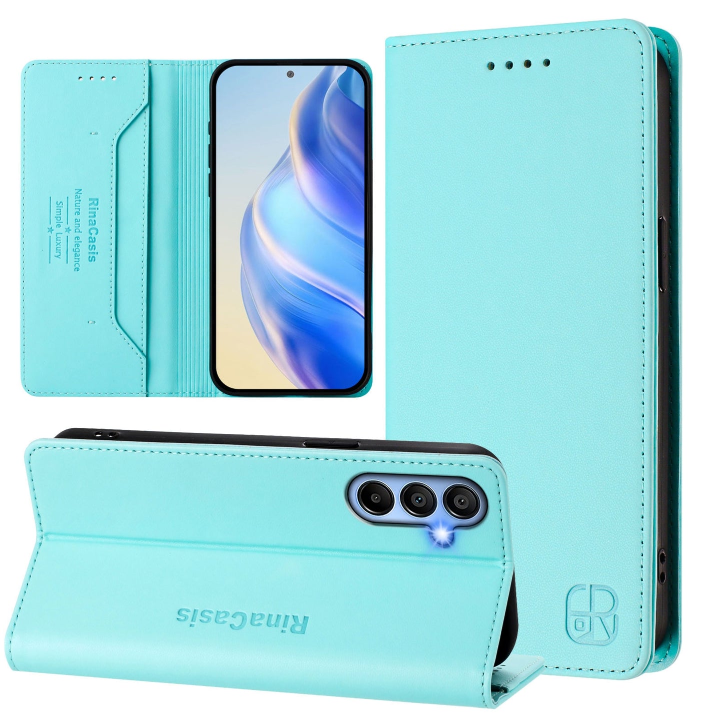 Samsung Galaxy A15 5G Dual-Folded Magnetic Suction RFID Blocking PU Leather Wallet Phone Case with Card Slots, Cash Pocket, Kickstand, Full Protective Flip Cover