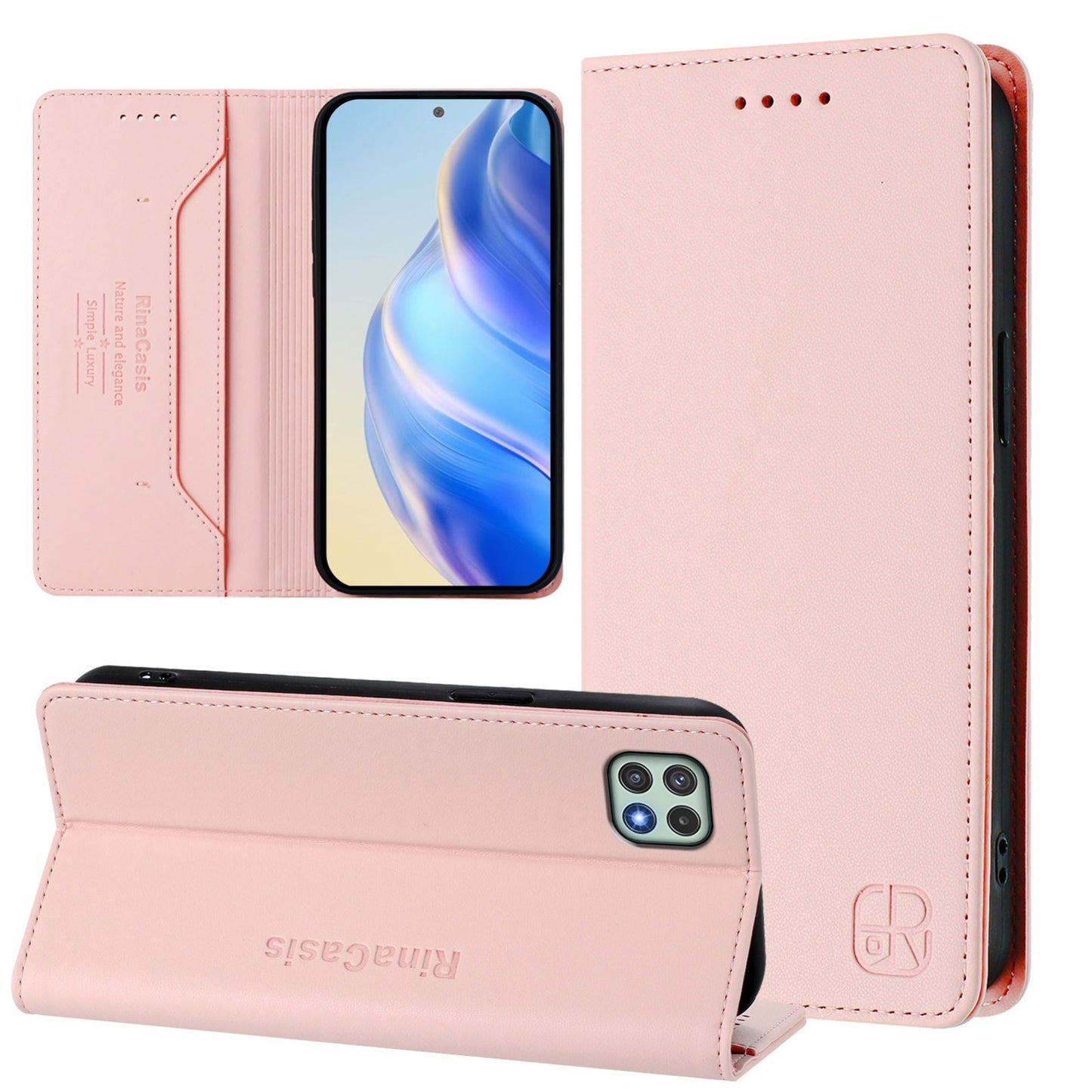 Samsung Galaxy A22 5G Dual-Folded Magnetic Suction RFID Blocking PU Leather Wallet Phone Case with Card Slots, Cash Pocket, Kickstand, Full Protective Flip Cover