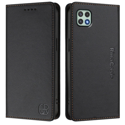 Samsung Galaxy A22 5G Dual-Folded Magnetic Suction RFID Blocking PU Leather Wallet Phone Case with Card Slots, Cash Pocket, Kickstand, Full Protective Flip Cover