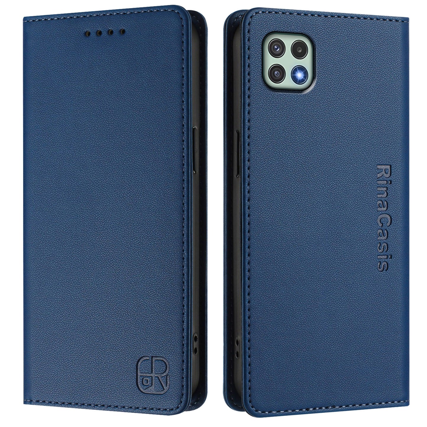 Samsung Galaxy A22 5G Dual-Folded Magnetic Suction RFID Blocking PU Leather Wallet Phone Case with Card Slots, Cash Pocket, Kickstand, Full Protective Flip Cover