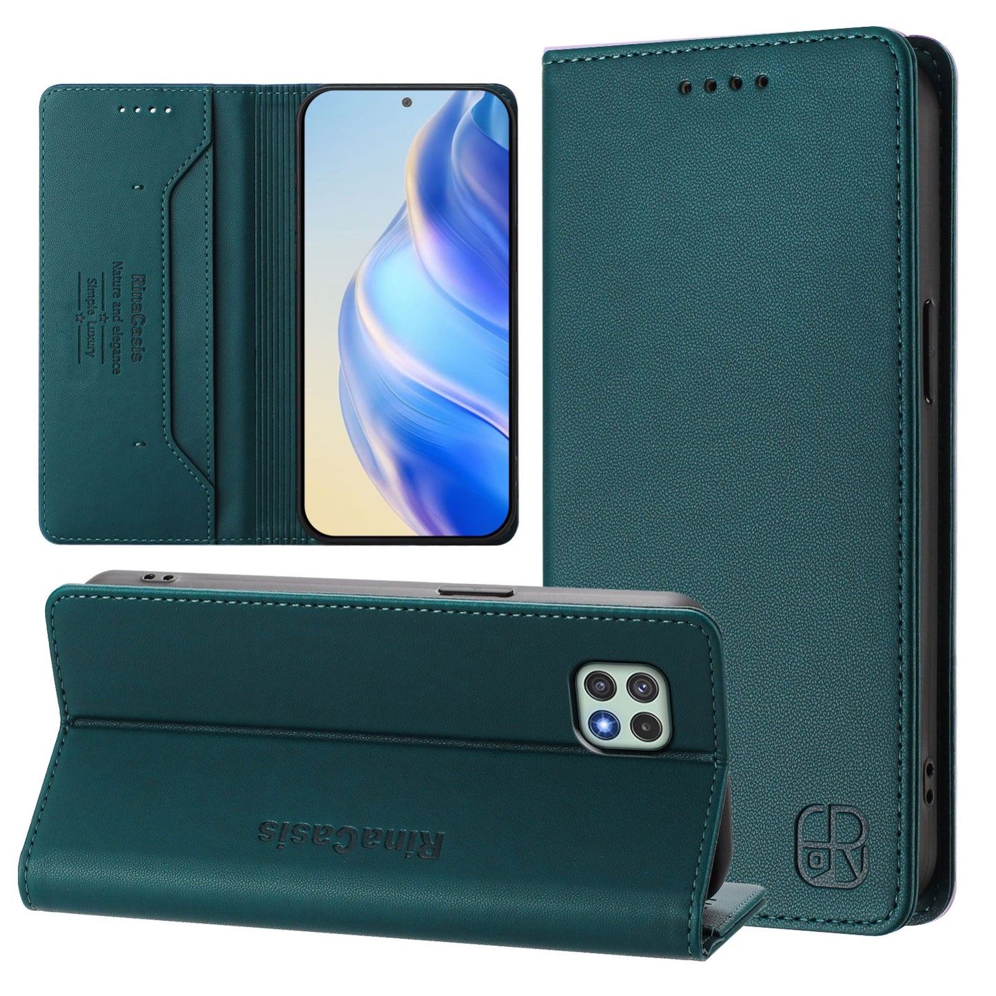 Samsung Galaxy A22 5G Dual-Folded Magnetic Suction RFID Blocking PU Leather Wallet Phone Case with Card Slots, Cash Pocket, Kickstand, Full Protective Flip Cover