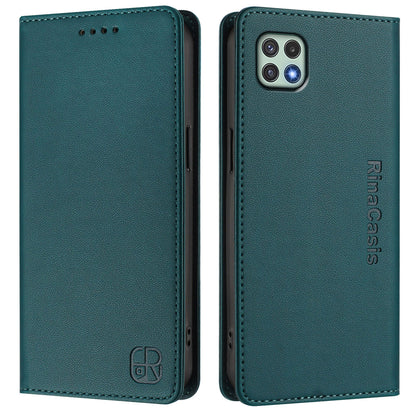 Samsung Galaxy A22 5G Dual-Folded Magnetic Suction RFID Blocking PU Leather Wallet Phone Case with Card Slots, Cash Pocket, Kickstand, Full Protective Flip Cover
