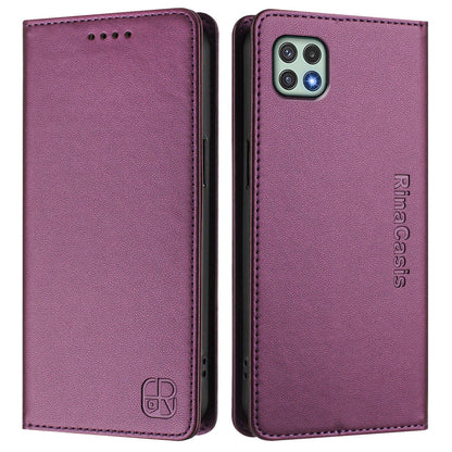 Samsung Galaxy A22 5G Dual-Folded Magnetic Suction RFID Blocking PU Leather Wallet Phone Case with Card Slots, Cash Pocket, Kickstand, Full Protective Flip Cover