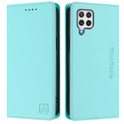 Samsung Galaxy A22 4G Dual-Folded Magnetic Suction RFID Blocking PU Leather Wallet Phone Case with Card Slots, Cash Pocket, Kickstand, Full Protective Flip Cover