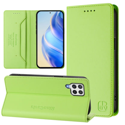 Samsung Galaxy A22 4G Dual-Folded Magnetic Suction RFID Blocking PU Leather Wallet Phone Case with Card Slots, Cash Pocket, Kickstand, Full Protective Flip Cover