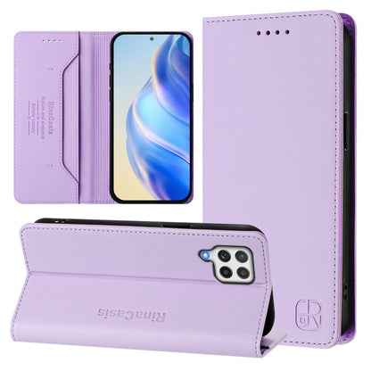 Samsung Galaxy A22 4G Dual-Folded Magnetic Suction RFID Blocking PU Leather Wallet Phone Case with Card Slots, Cash Pocket, Kickstand, Full Protective Flip Cover