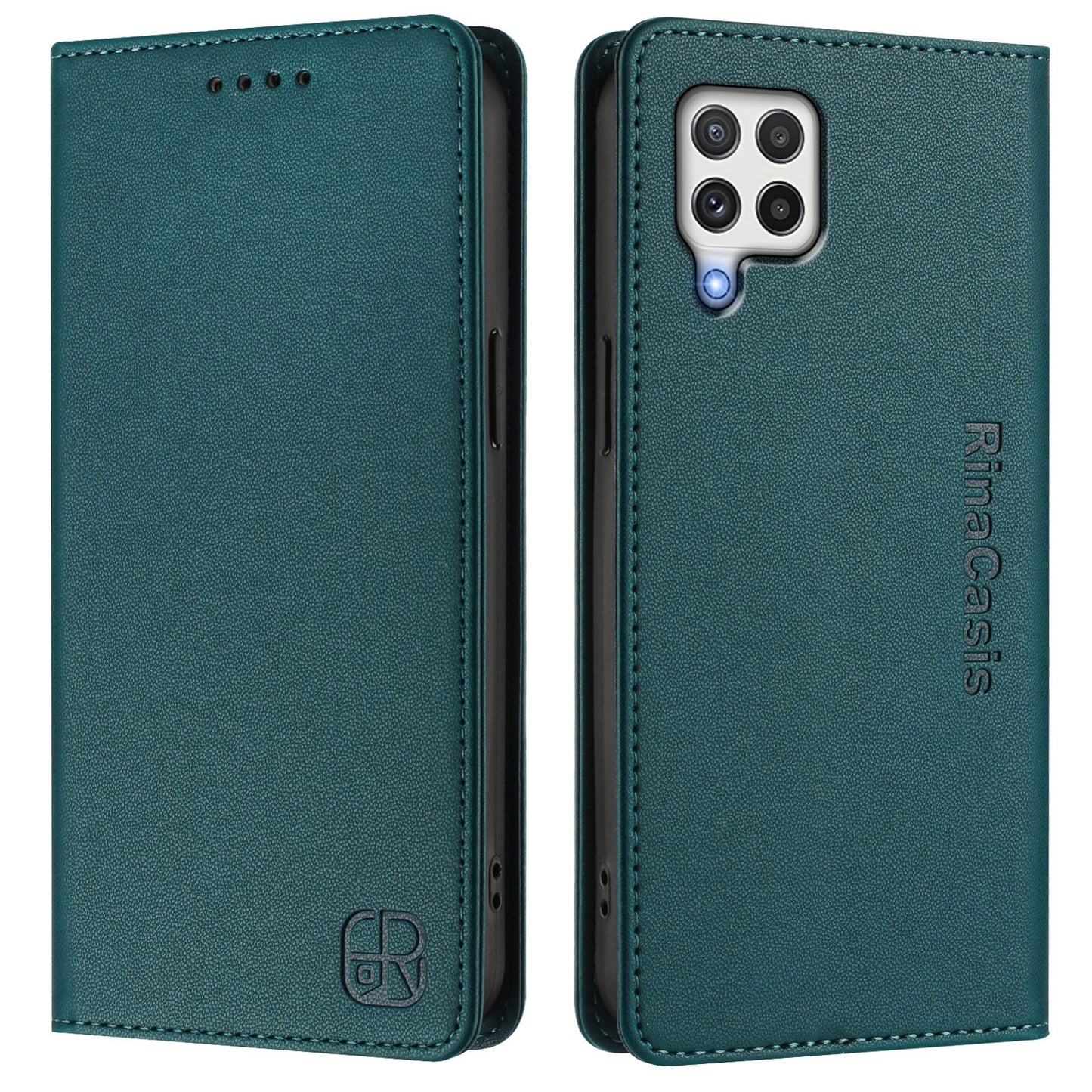 Samsung Galaxy A22 4G Dual-Folded Magnetic Suction RFID Blocking PU Leather Wallet Phone Case with Card Slots, Cash Pocket, Kickstand, Full Protective Flip Cover