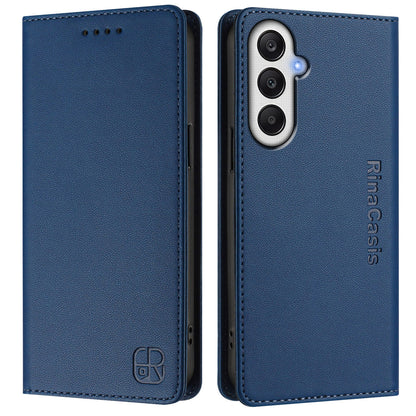 Samsung Galaxy A25 5G Dual-Folded Magnetic Suction RFID Blocking PU Leather Wallet Phone Case with Card Slots, Cash Pocket, Kickstand, Full Protective Flip Cover