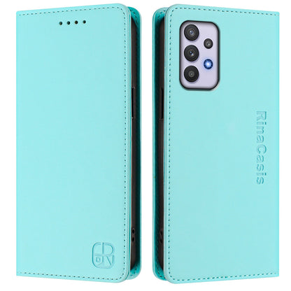 Samsung Galaxy M32 5G Dual-Folded Magnetic Suction RFID Blocking PU Leather Wallet Phone Case with Card Slots, Cash Pocket, Kickstand, Full Protective Flip Cover