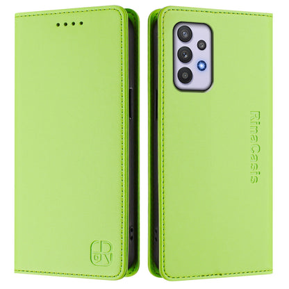 Samsung Galaxy M32 5G Dual-Folded Magnetic Suction RFID Blocking PU Leather Wallet Phone Case with Card Slots, Cash Pocket, Kickstand, Full Protective Flip Cover