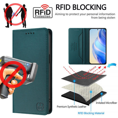 Samsung Galaxy M32 5G Dual-Folded Magnetic Suction RFID Blocking PU Leather Wallet Phone Case with Card Slots, Cash Pocket, Kickstand, Full Protective Flip Cover