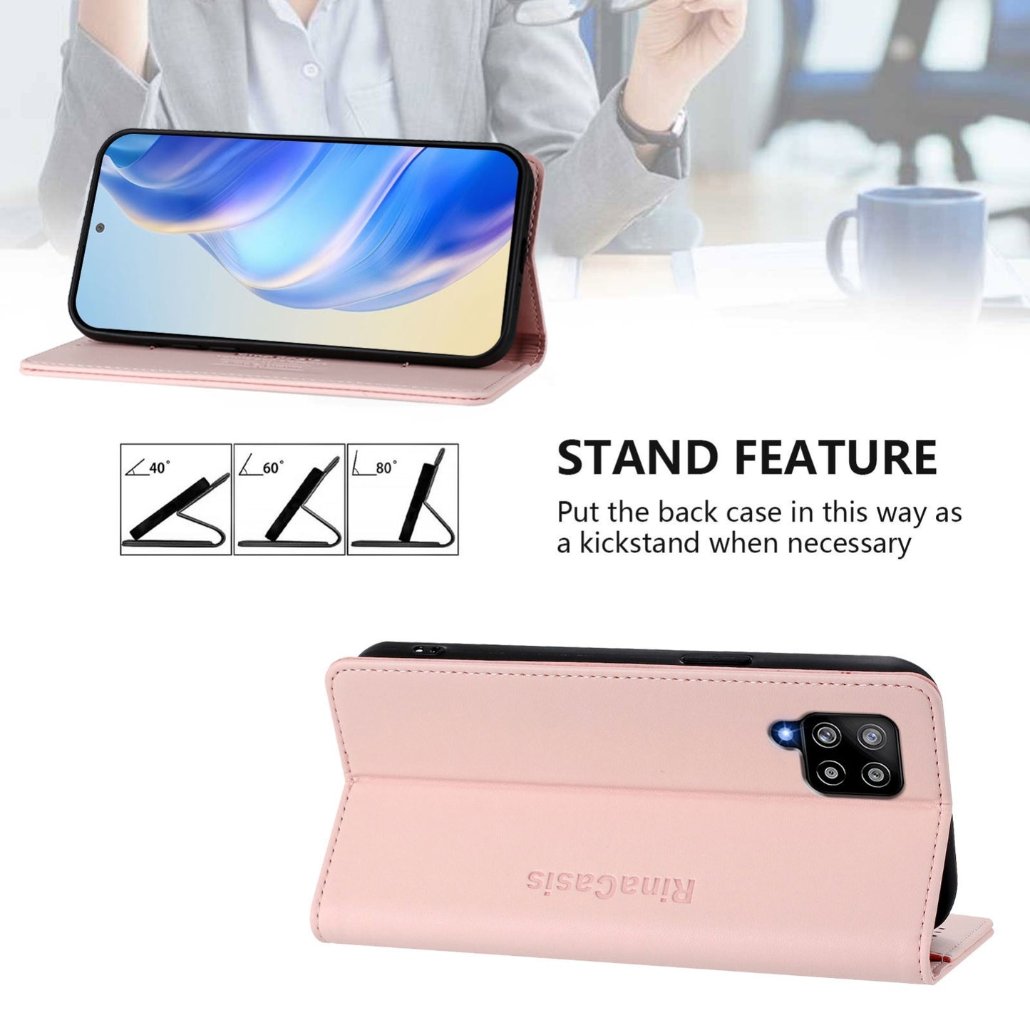 Samsung Galaxy M42 Dual-Folded Magnetic Suction RFID Blocking PU Leather Wallet Phone Case with Card Slots, Cash Pocket, Kickstand, Full Protective Flip Cover