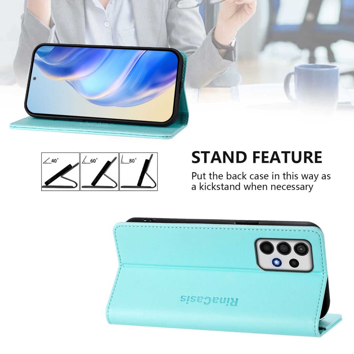 Samsung Galaxy A52 4G Dual-Folded Magnetic Suction RFID Blocking PU Leather Wallet Phone Case with Card Slots, Cash Pocket, Kickstand, Full Protective Flip Cover