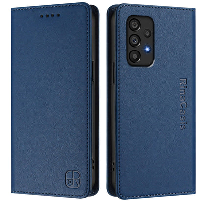 Samsung Galaxy A53 5G Dual-Folded Magnetic Suction RFID Blocking PU Leather Wallet Phone Case with Card Slots, Cash Pocket, Kickstand, Full Protective Flip Cover