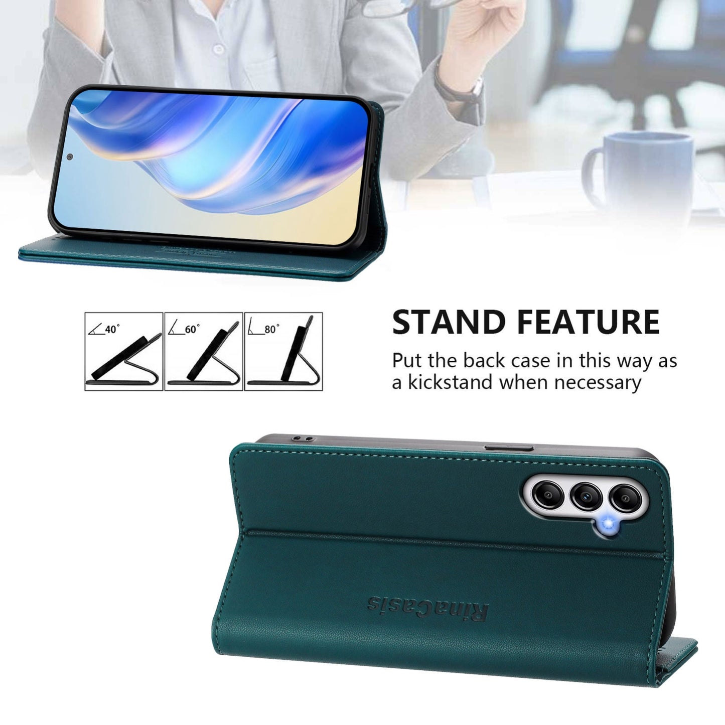 Samsung Galaxy A54 5G Dual-Folded Magnetic Suction RFID Blocking PU Leather Wallet Phone Case with Card Slots, Cash Pocket, Kickstand, Full Protective Flip Cover
