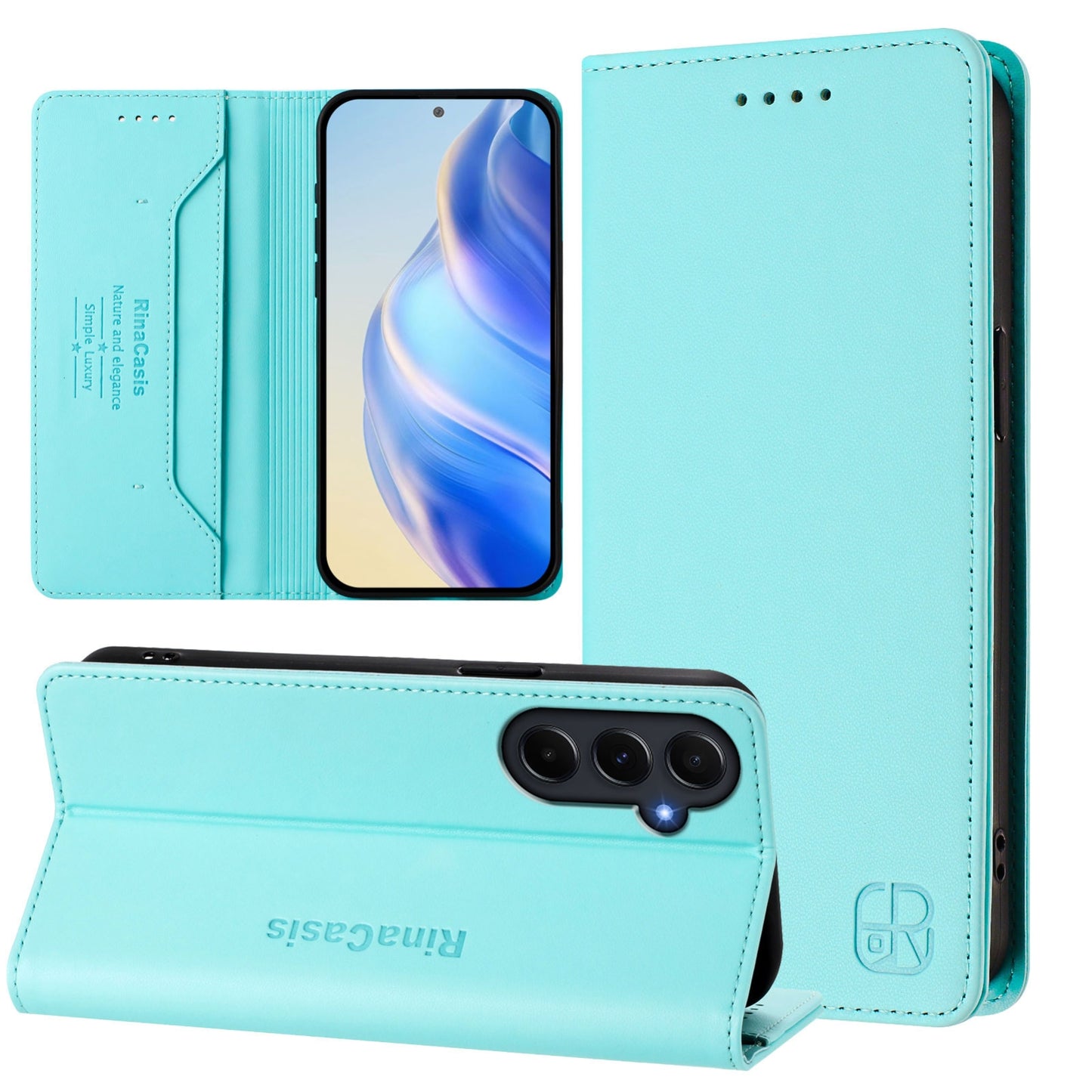 Samsung Galaxy A55 5G Dual-Folded Magnetic Suction RFID Blocking PU Leather Wallet Phone Case with Card Slots, Cash Pocket, Kickstand, Full Protective Flip Cover