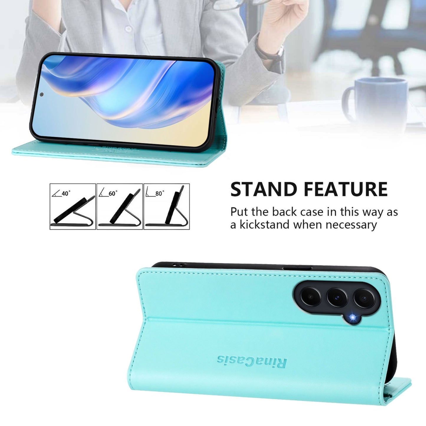 Samsung Galaxy A55 5G Dual-Folded Magnetic Suction RFID Blocking PU Leather Wallet Phone Case with Card Slots, Cash Pocket, Kickstand, Full Protective Flip Cover