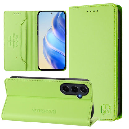 Samsung Galaxy A55 5G Dual-Folded Magnetic Suction RFID Blocking PU Leather Wallet Phone Case with Card Slots, Cash Pocket, Kickstand, Full Protective Flip Cover