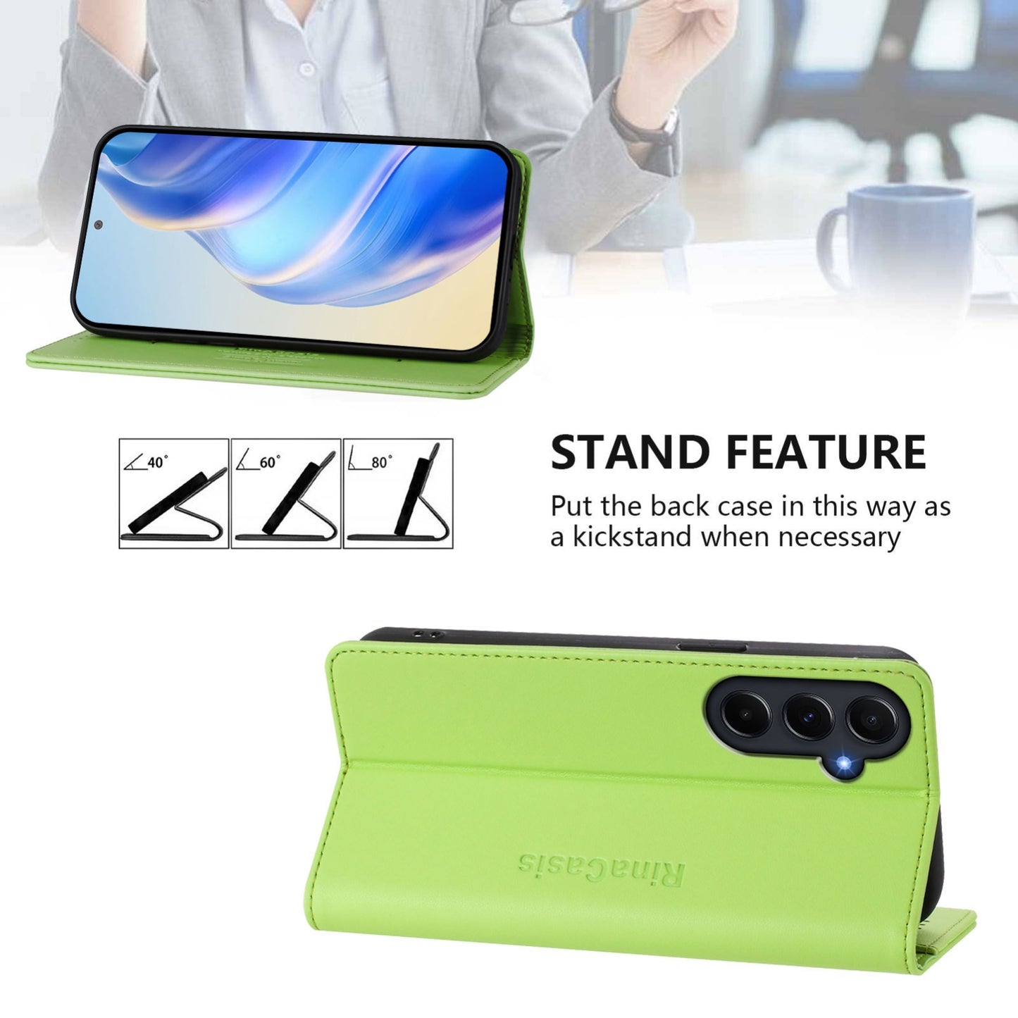 Samsung Galaxy A55 5G Dual-Folded Magnetic Suction RFID Blocking PU Leather Wallet Phone Case with Card Slots, Cash Pocket, Kickstand, Full Protective Flip Cover