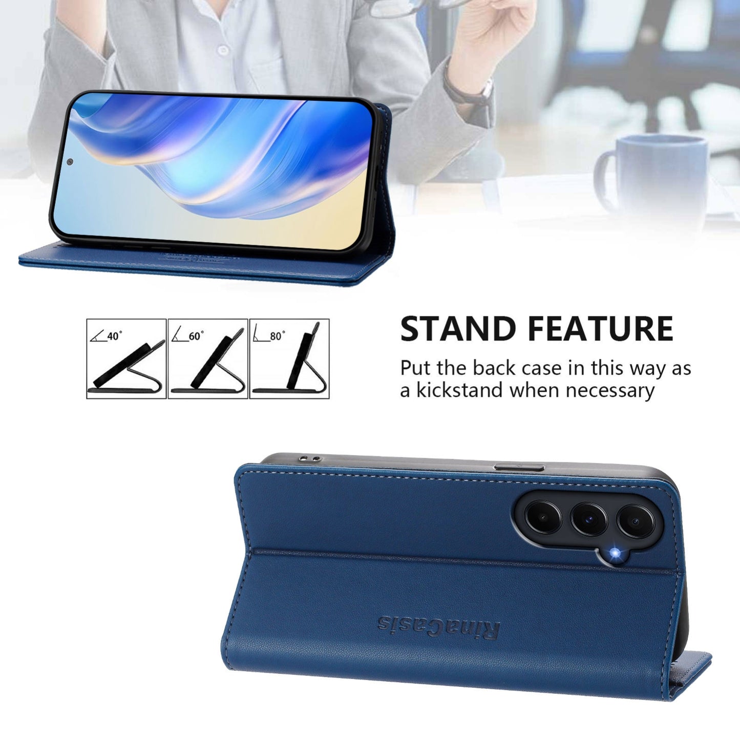 Samsung Galaxy A55 5G Dual-Folded Magnetic Suction RFID Blocking PU Leather Wallet Phone Case with Card Slots, Cash Pocket, Kickstand, Full Protective Flip Cover