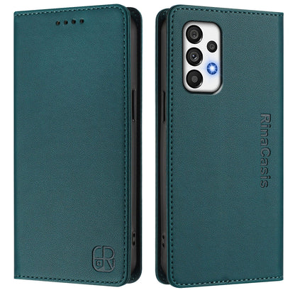 Samsung Galaxy A73 5G Dual-Folded Magnetic Suction RFID Blocking PU Leather Wallet Phone Case with Card Slots, Cash Pocket, Kickstand, Full Protective Flip Cover