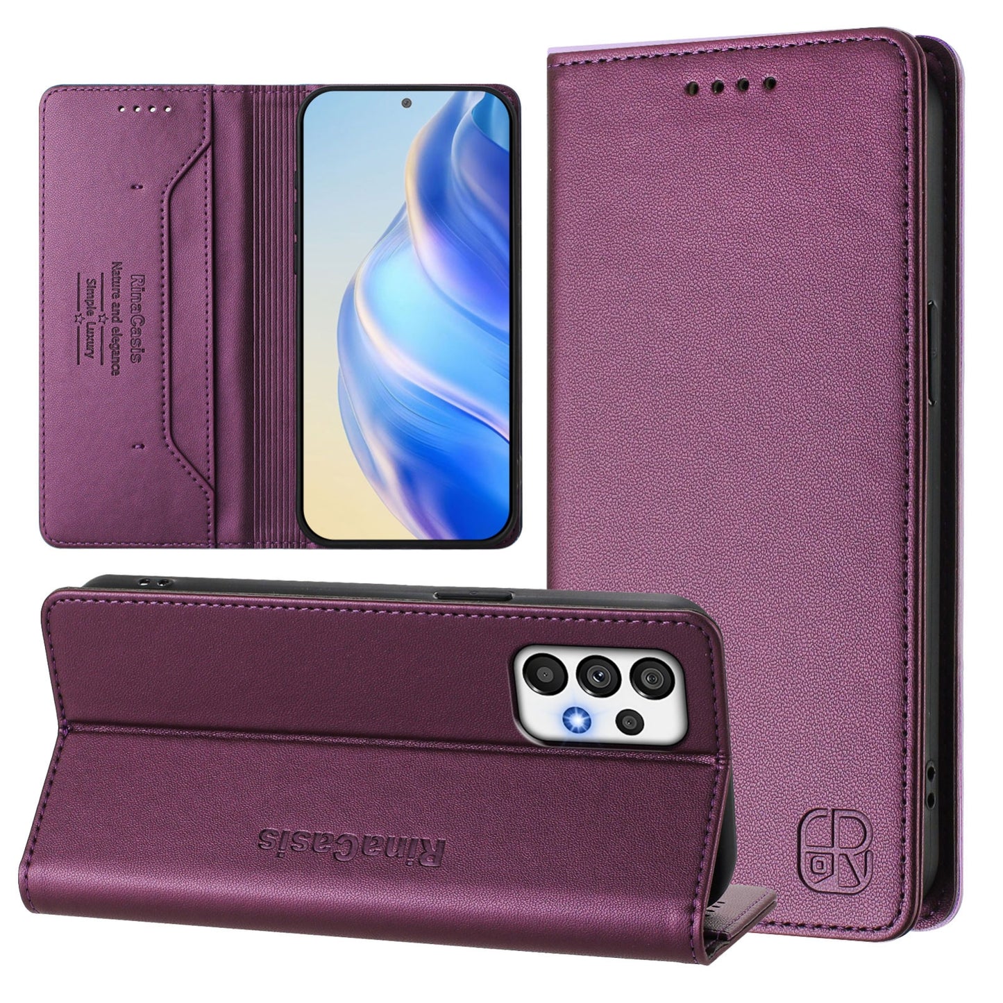Samsung Galaxy A73 5G Dual-Folded Magnetic Suction RFID Blocking PU Leather Wallet Phone Case with Card Slots, Cash Pocket, Kickstand, Full Protective Flip Cover