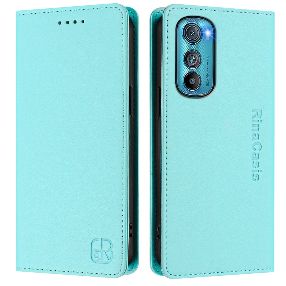 Motorola Edge 30 Dual-Folded Magnetic Suction RFID Blocking PU Leather Wallet Phone Case with Card Slots, Cash Pocket, Kickstand, Full Protective Flip Cover