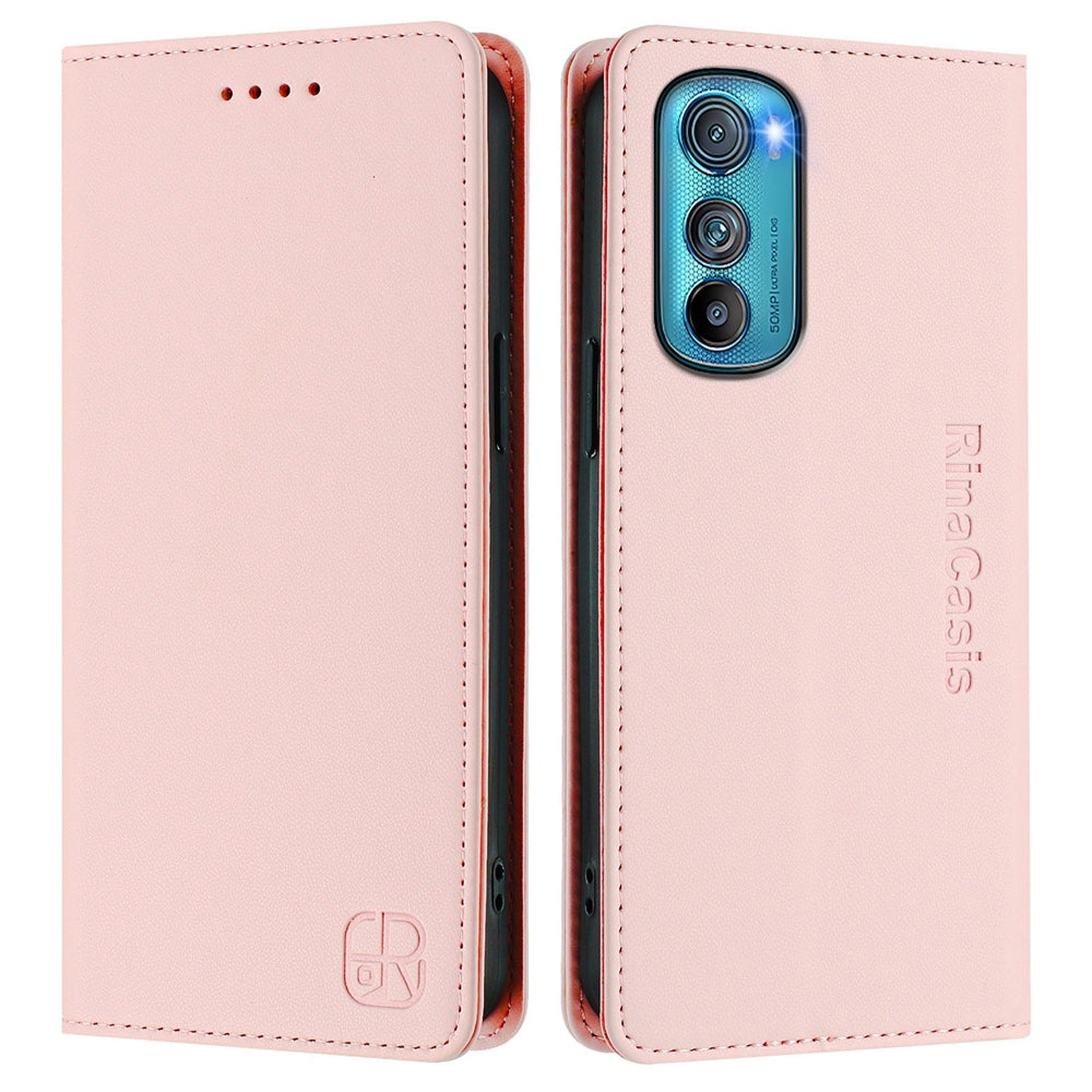 Motorola Edge 30 Dual-Folded Magnetic Suction RFID Blocking PU Leather Wallet Phone Case with Card Slots, Cash Pocket, Kickstand, Full Protective Flip Cover