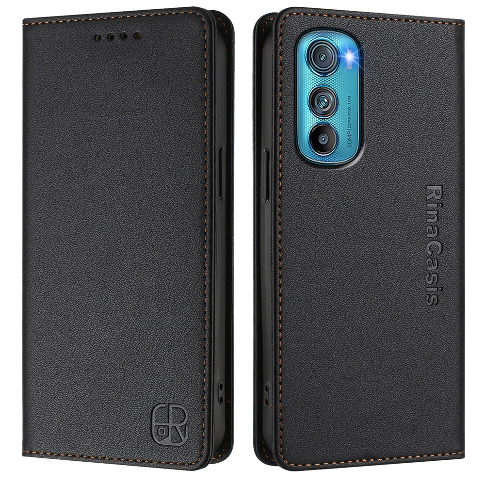Motorola Edge 30 Dual-Folded Magnetic Suction RFID Blocking PU Leather Wallet Phone Case with Card Slots, Cash Pocket, Kickstand, Full Protective Flip Cover