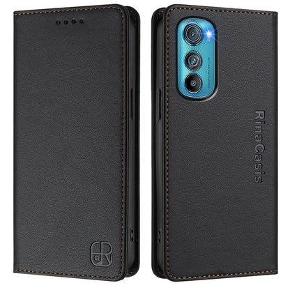 Motorola Edge 30 Dual-Folded Magnetic Suction RFID Blocking PU Leather Wallet Phone Case with Card Slots, Cash Pocket, Kickstand, Full Protective Flip Cover