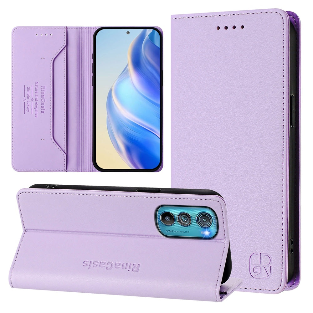 Motorola Edge 30 Dual-Folded Magnetic Suction RFID Blocking PU Leather Wallet Phone Case with Card Slots, Cash Pocket, Kickstand, Full Protective Flip Cover