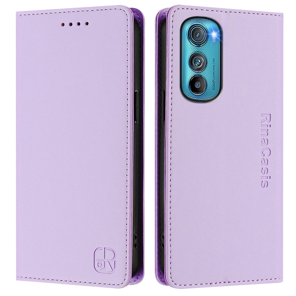 Motorola Edge 30 Dual-Folded Magnetic Suction RFID Blocking PU Leather Wallet Phone Case with Card Slots, Cash Pocket, Kickstand, Full Protective Flip Cover