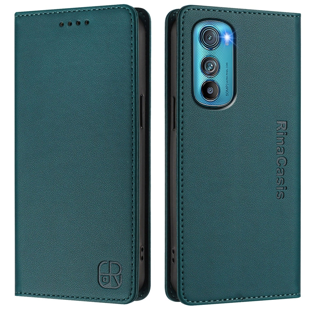 Motorola Edge 30 Dual-Folded Magnetic Suction RFID Blocking PU Leather Wallet Phone Case with Card Slots, Cash Pocket, Kickstand, Full Protective Flip Cover