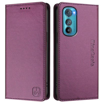 Motorola Edge 30 Dual-Folded Magnetic Suction RFID Blocking PU Leather Wallet Phone Case with Card Slots, Cash Pocket, Kickstand, Full Protective Flip Cover
