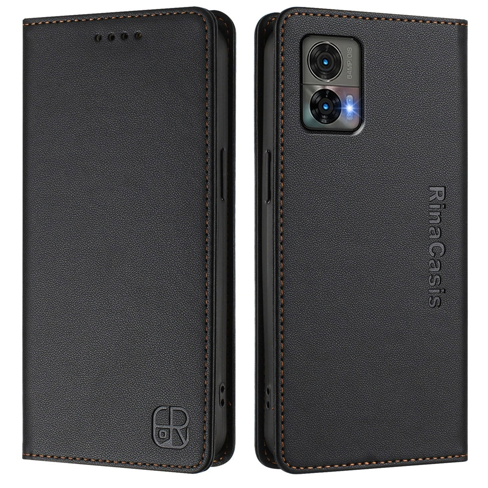 Motorola Edge 30 Neo Dual-Folded Magnetic Suction RFID Blocking PU Leather Wallet Phone Case with Card Slots, Cash Pocket, Kickstand, Full Protective Flip Cover