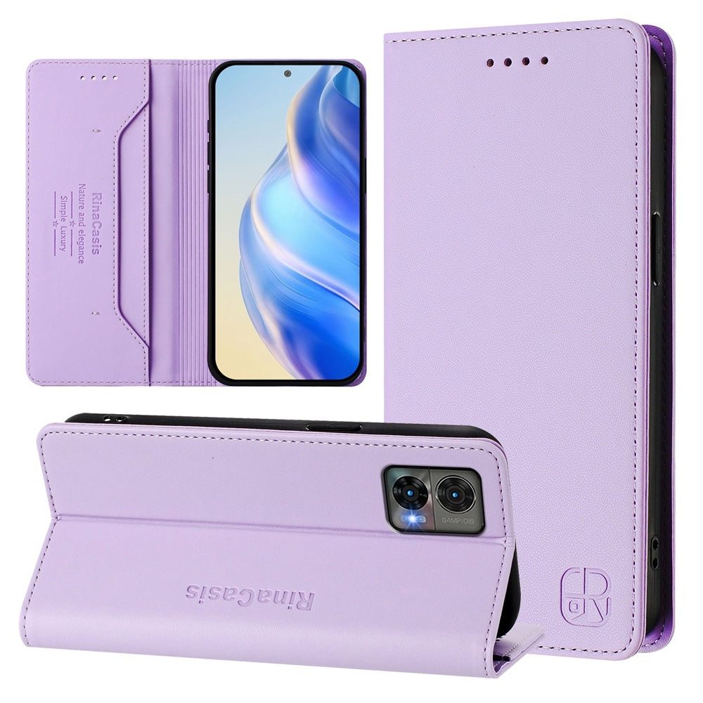 Motorola Edge 30 Neo Dual-Folded Magnetic Suction RFID Blocking PU Leather Wallet Phone Case with Card Slots, Cash Pocket, Kickstand, Full Protective Flip Cover