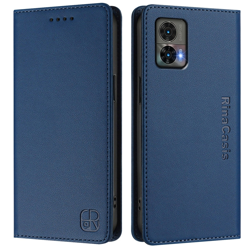 Motorola Edge 30 Neo Dual-Folded Magnetic Suction RFID Blocking PU Leather Wallet Phone Case with Card Slots, Cash Pocket, Kickstand, Full Protective Flip Cover