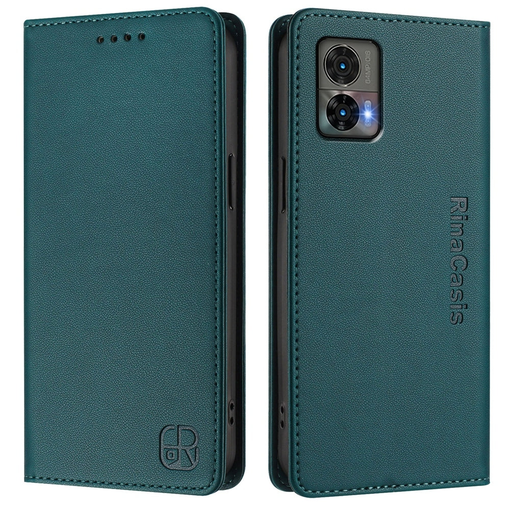 Motorola Edge 30 Neo Dual-Folded Magnetic Suction RFID Blocking PU Leather Wallet Phone Case with Card Slots, Cash Pocket, Kickstand, Full Protective Flip Cover