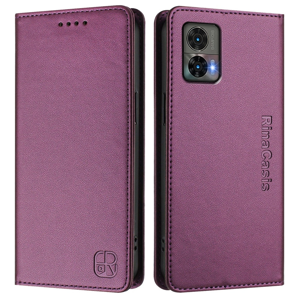 Motorola Edge 30 Neo Dual-Folded Magnetic Suction RFID Blocking PU Leather Wallet Phone Case with Card Slots, Cash Pocket, Kickstand, Full Protective Flip Cover