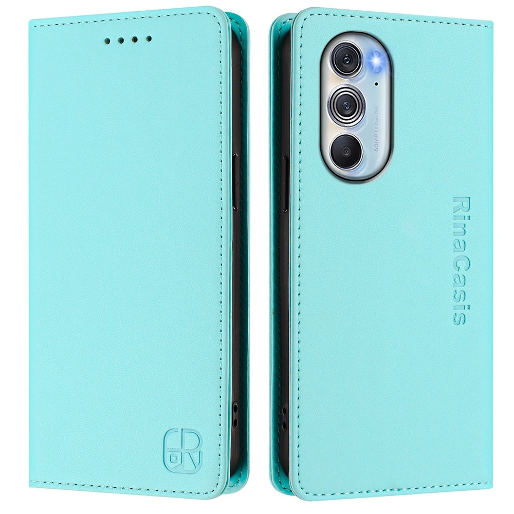 Motorola Edge X30 Dual-Folded Magnetic Suction RFID Blocking PU Leather Wallet Phone Case with Card Slots, Cash Pocket, Kickstand, Full Protective Flip Cover