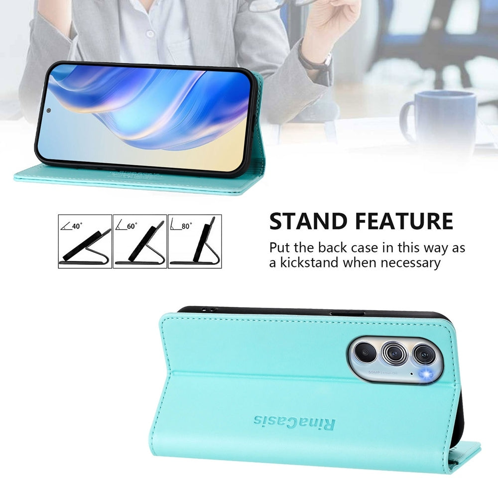 Motorola Edge 30 Pro Dual-Folded Magnetic Suction RFID Blocking PU Leather Wallet Phone Case with Card Slots, Cash Pocket, Kickstand, Full Protective Flip Cover