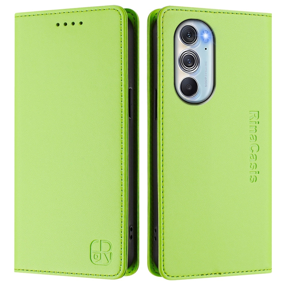 Motorola Edge 30 Pro Dual-Folded Magnetic Suction RFID Blocking PU Leather Wallet Phone Case with Card Slots, Cash Pocket, Kickstand, Full Protective Flip Cover