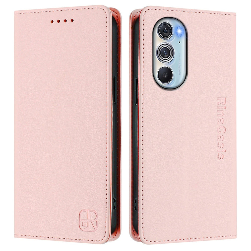 Motorola Edge 30 Pro Dual-Folded Magnetic Suction RFID Blocking PU Leather Wallet Phone Case with Card Slots, Cash Pocket, Kickstand, Full Protective Flip Cover